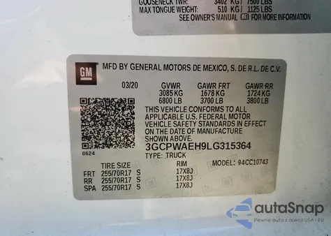 2020 Chevrolet Silverado C1500 from USA, damaged, VIN 3GCPWAEH9LG315364